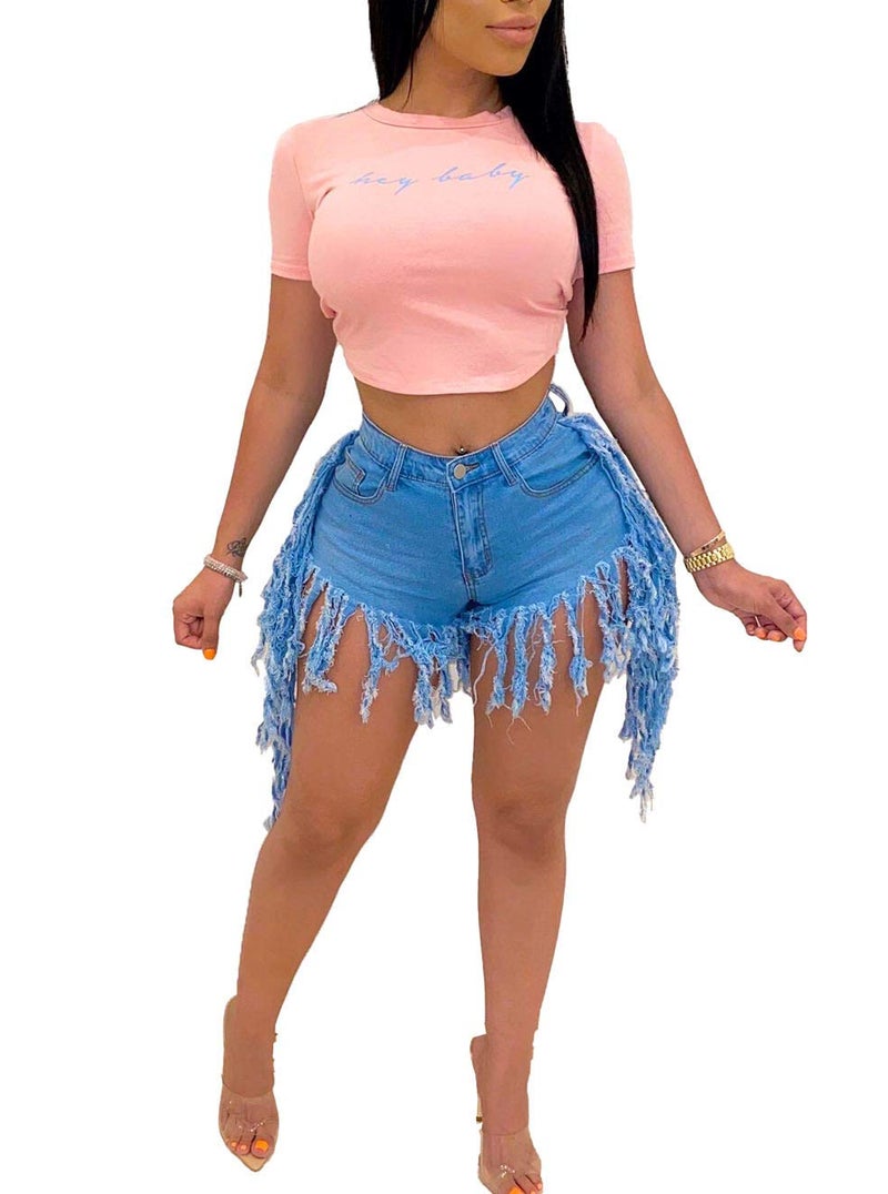 SIAEAMRG Jean Shorts for Women Juniors, Summer High Waisted Stretchy Frayed Raw Hem Tassels Denim Shorts (Side-Blue, XL) - Image 4